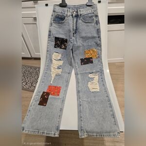 Cider Blue Floral Patchwork Straight Leg Jeans